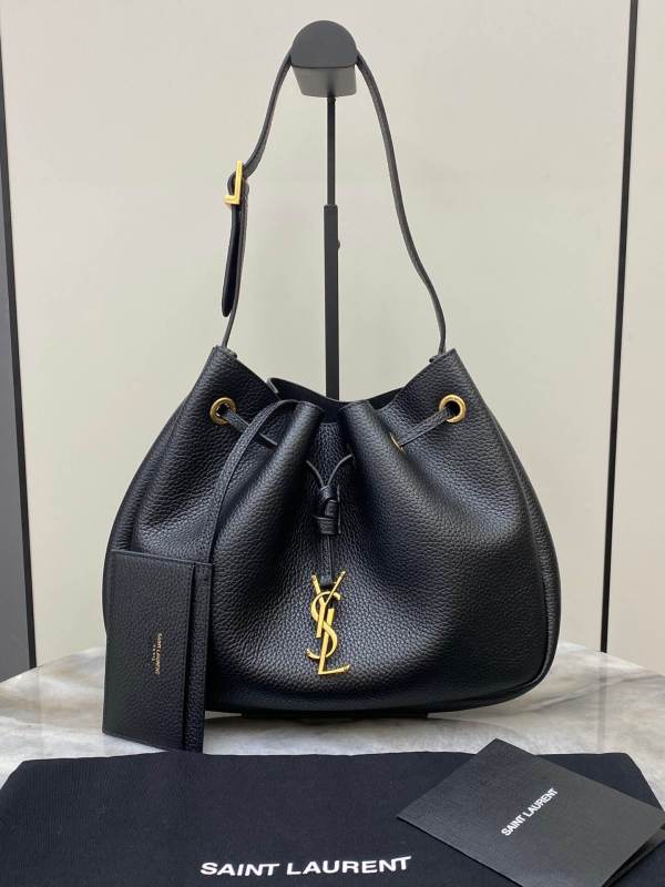 Saint Laurent YSL Joe Small Monogram Bucket Bag in Black Grained Lambskin Leather with Removable Pouch;Black