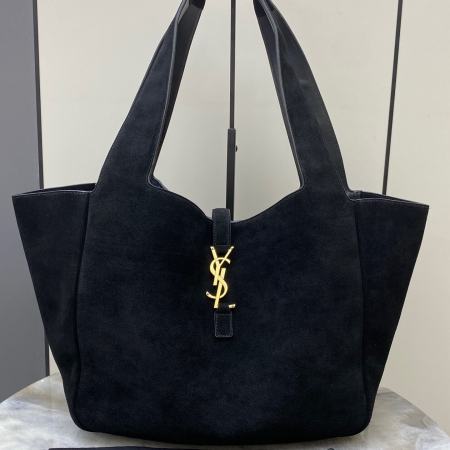 Saint Laurent Bea Tote Bag in Black Suede with Gold-Tone YSL Hardware