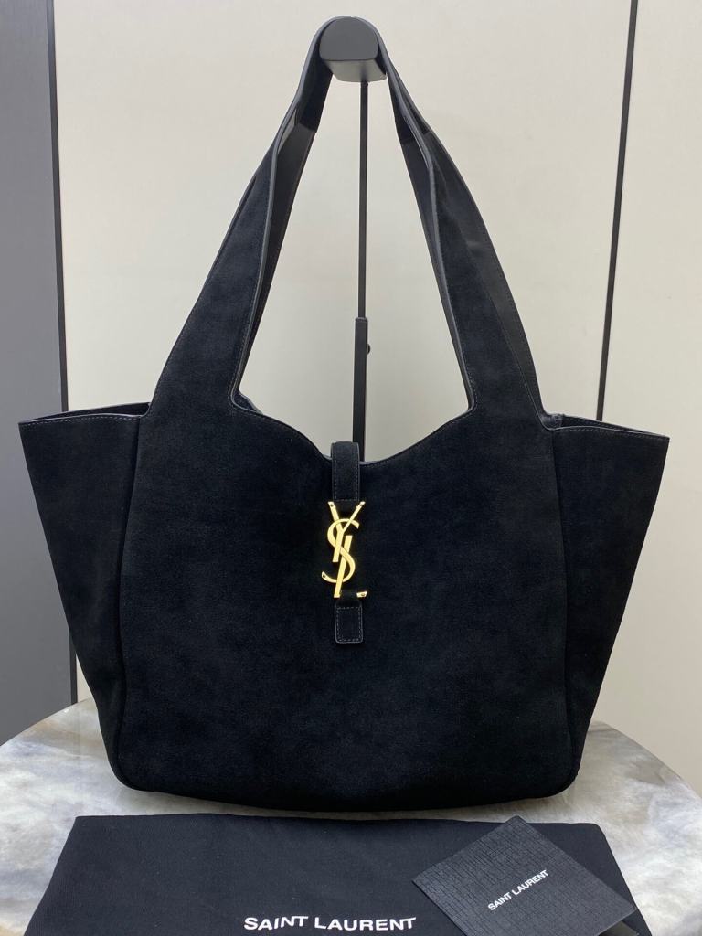 Saint Laurent Bea Tote Bag in Black Suede with Gold-Tone YSL Hardware
