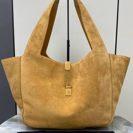 Saint Laurent Bea Tote in Tan Suede with Gold-Tone YSL Hardware in Tan