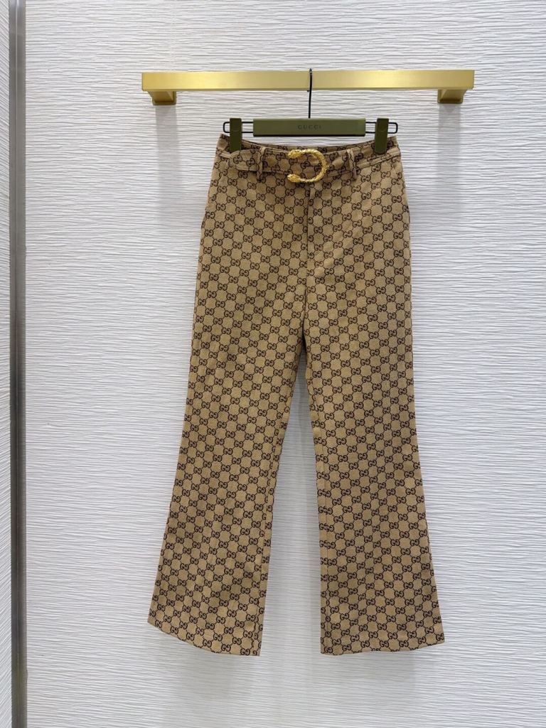 Gucci Beige GG Monogram Dionysus Belted Flare Trousers