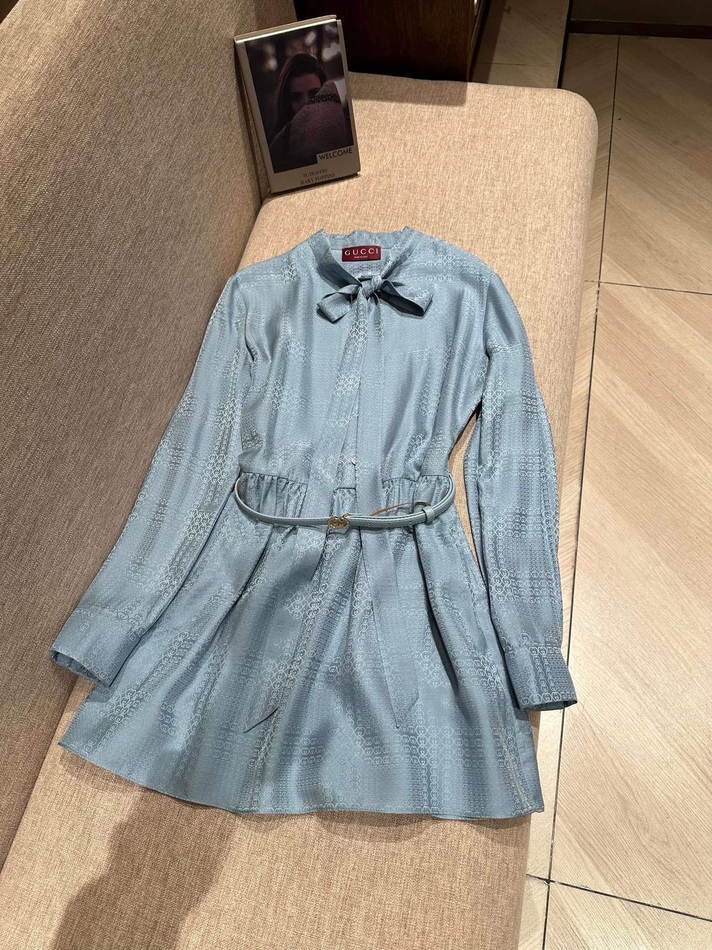 Gucci GG Monogram Silk Jacquard Pussy-Bow Mini Dress in Light Blue