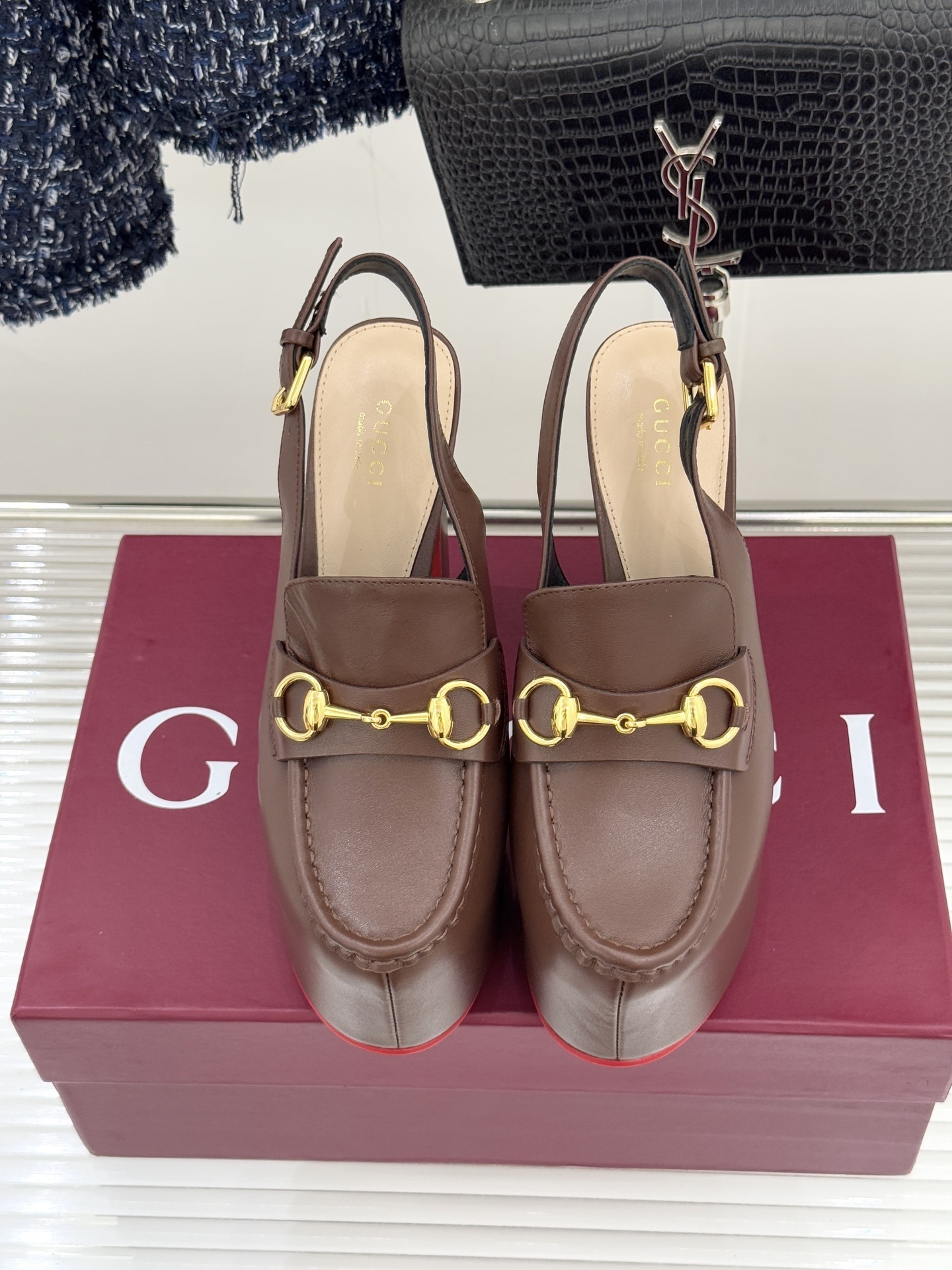 Gucci Brown Horsebit Platform Slingback Pumps - Image 4