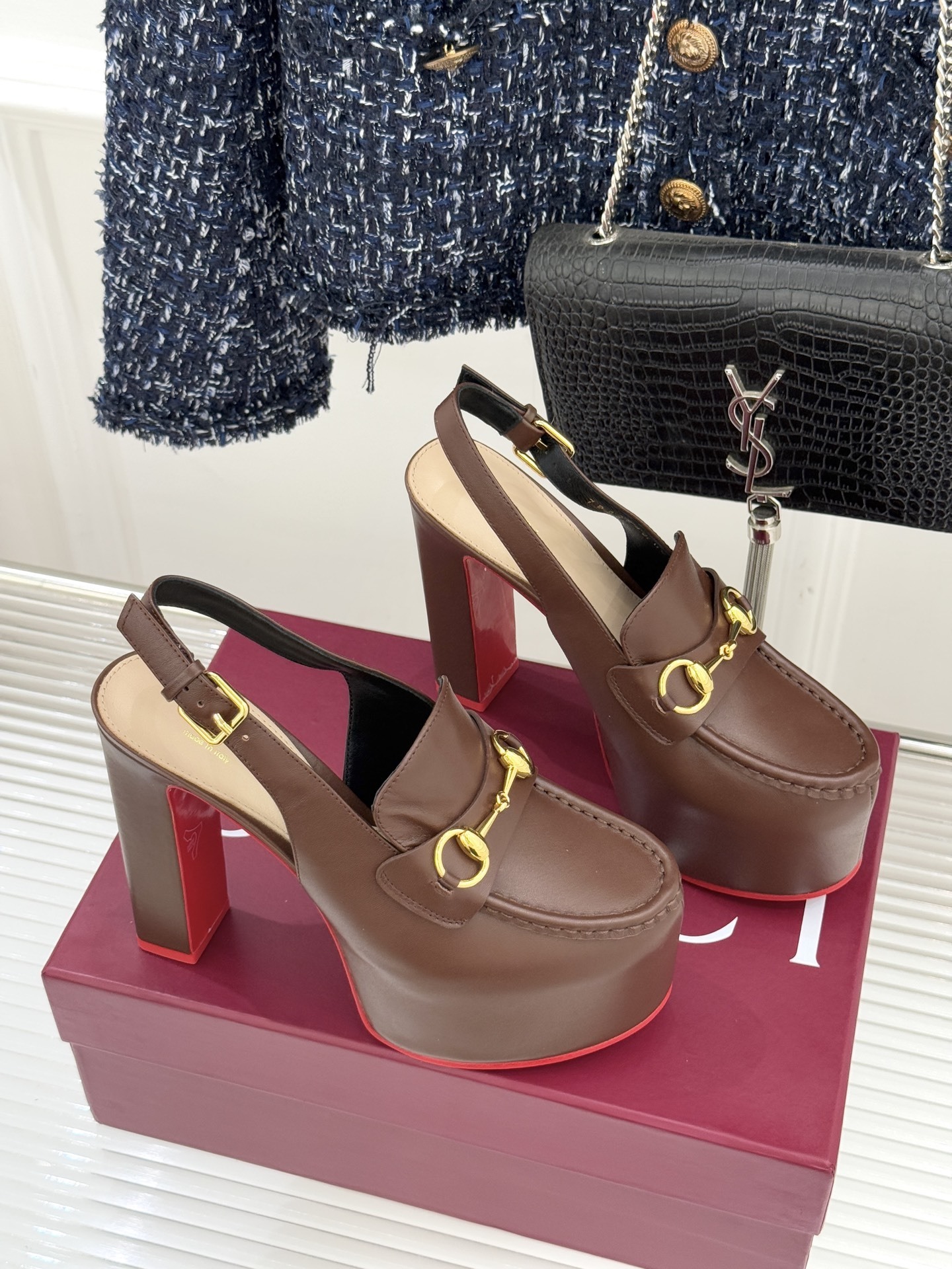 Gucci Brown Horsebit Platform Slingback Pumps - Image 3