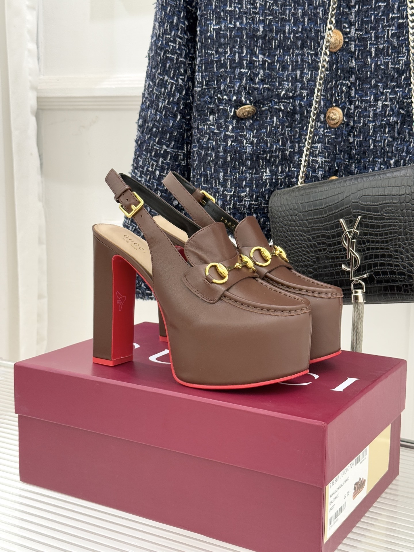 Gucci Brown Horsebit Platform Slingback Pumps