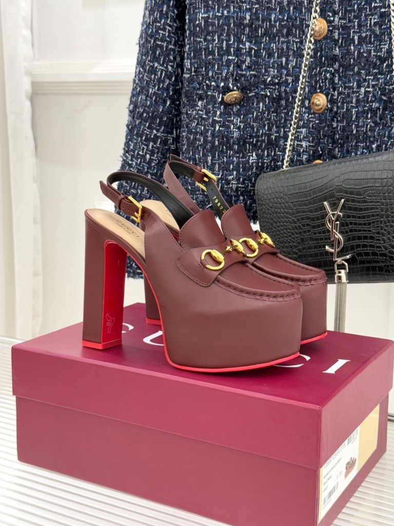 Gucci Burgundy Horsebit Platform Slingback Pumps