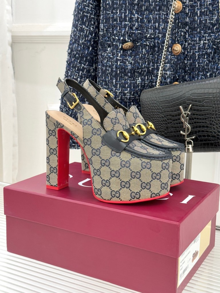 Gucci GG Supreme Horsebit Platform Slingback Heels