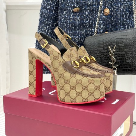Gucci GG Supreme Horsebit Platform Slingback Pumps