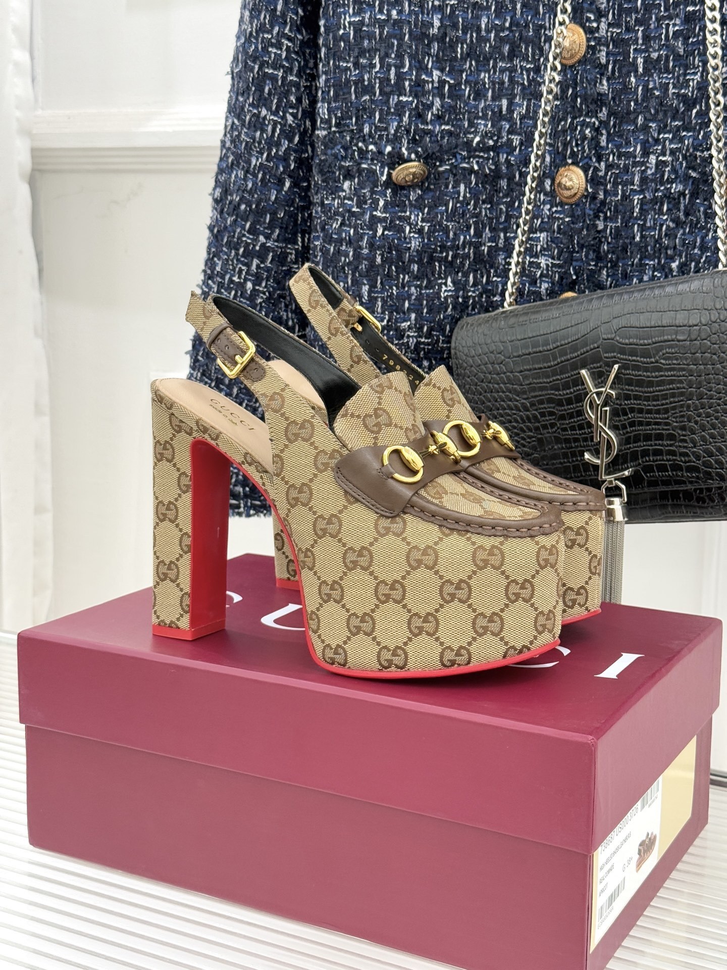 Gucci GG Supreme Horsebit Platform Slingback Pumps