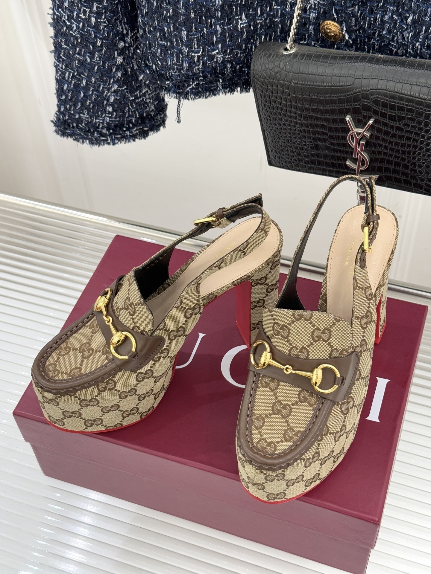 Gucci GG Supreme Horsebit Platform Slingback Pumps - Image 3