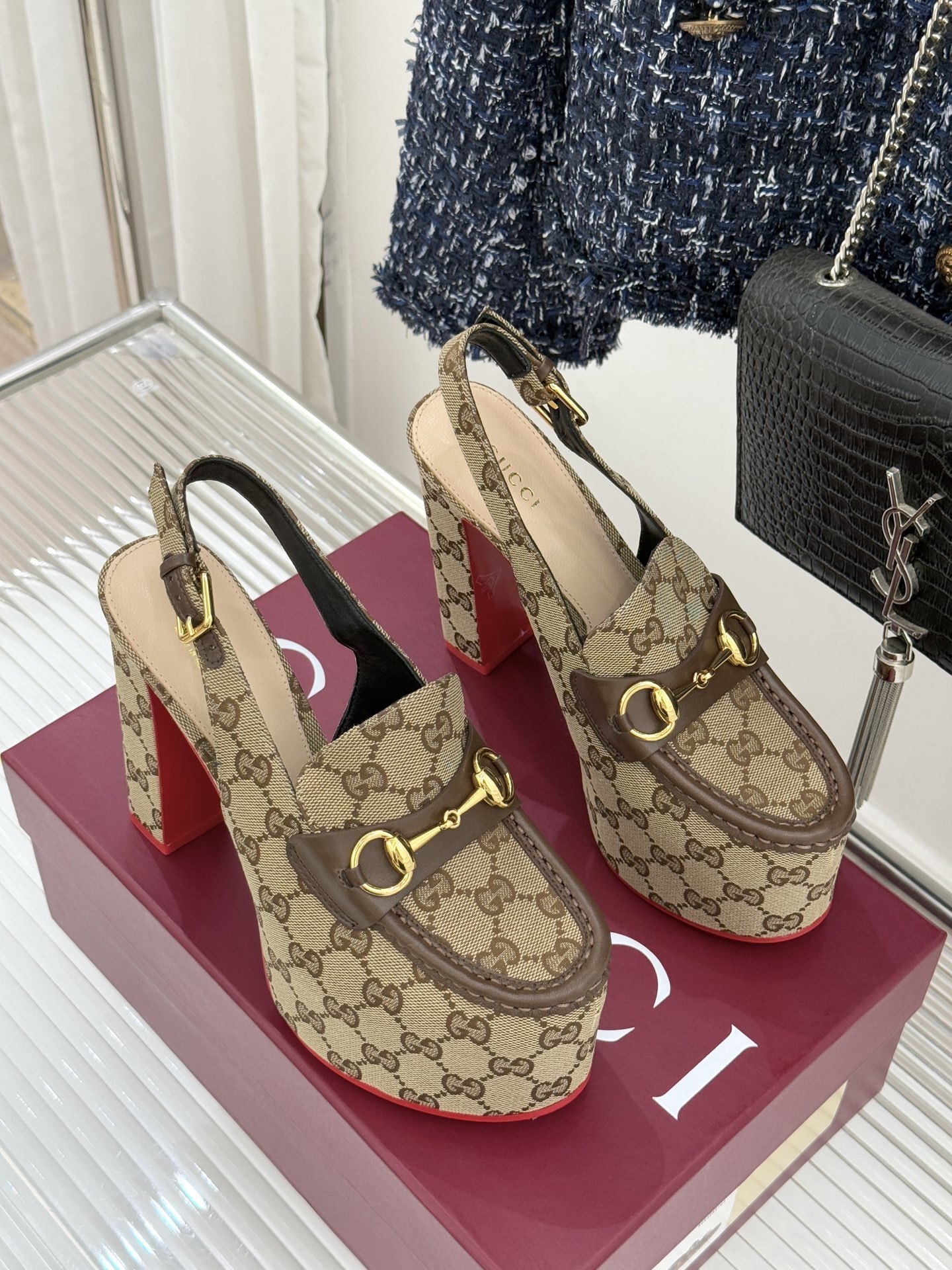 Gucci GG Supreme Horsebit Platform Slingback Pumps - Image 4