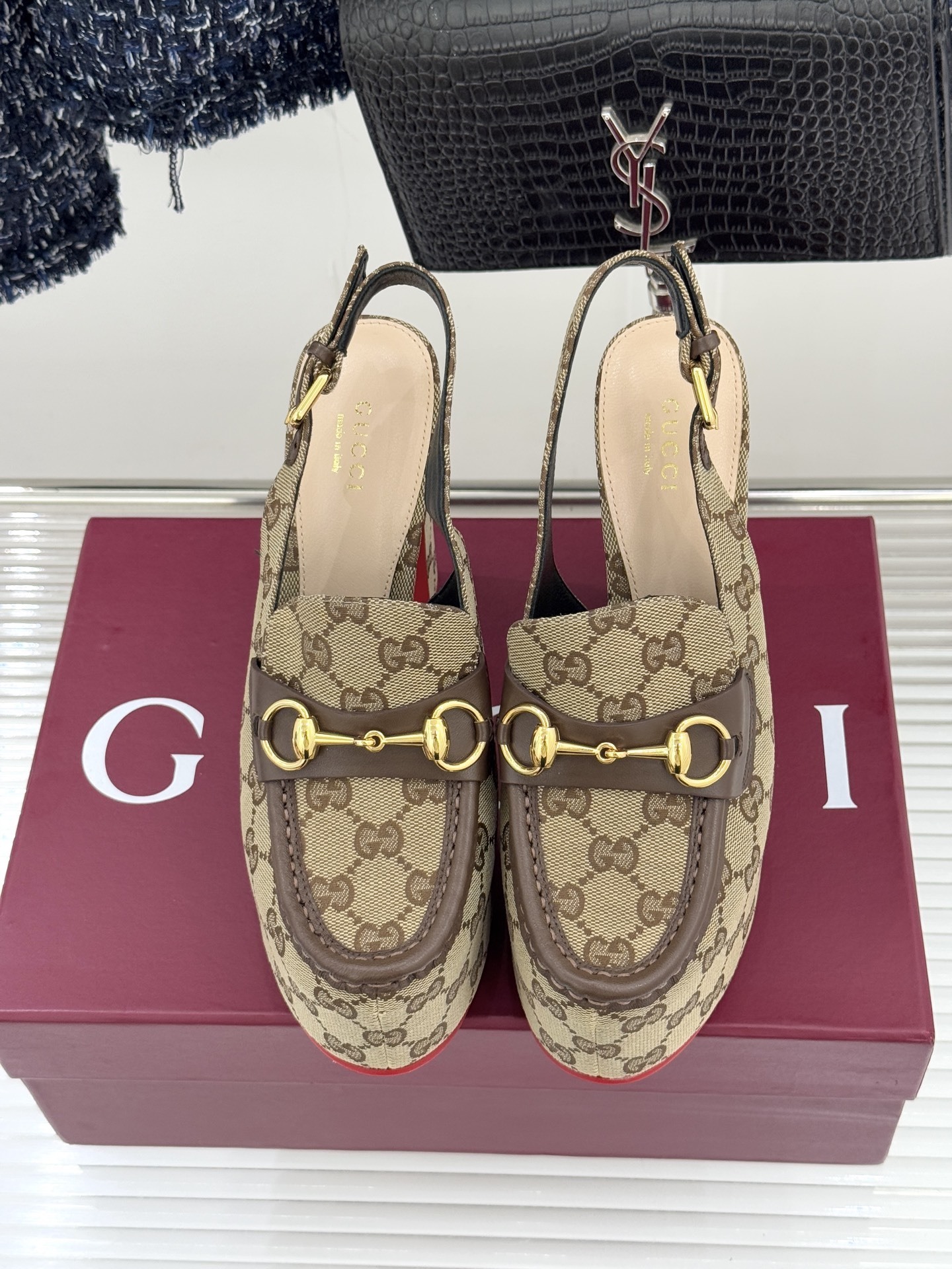 Gucci GG Supreme Horsebit Platform Slingback Pumps - Image 5