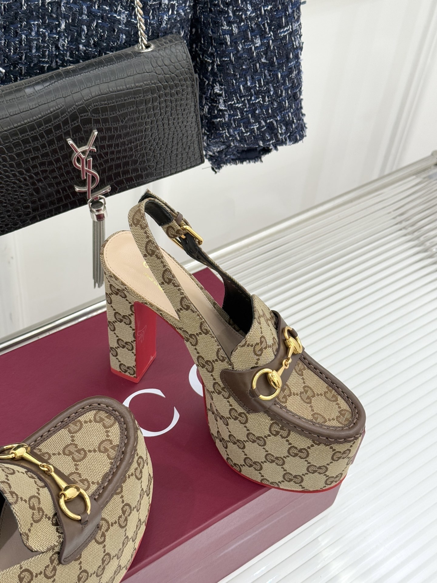 Gucci GG Supreme Horsebit Platform Slingback Pumps - Image 6