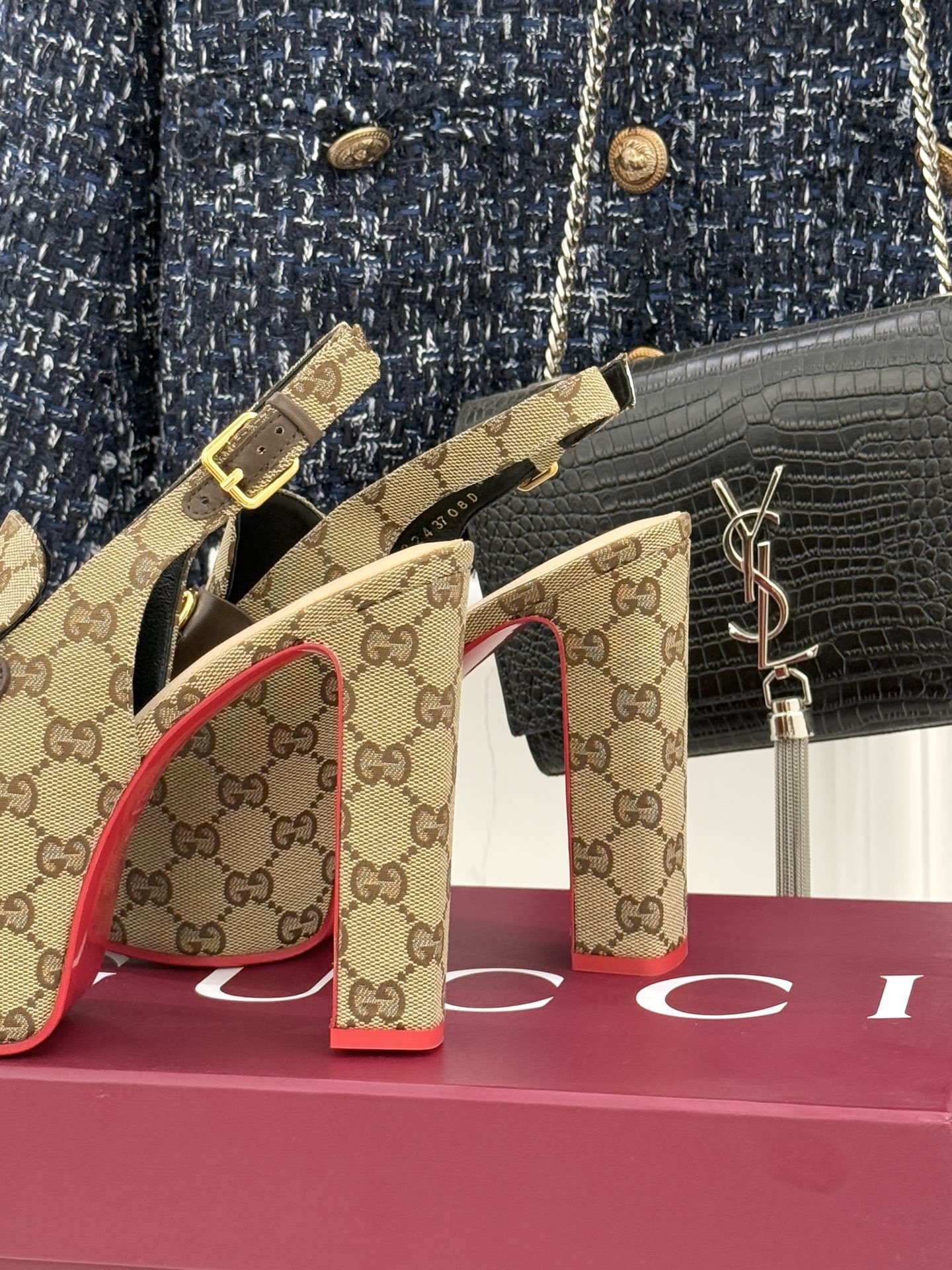 Gucci GG Supreme Horsebit Platform Slingback Pumps - Image 7