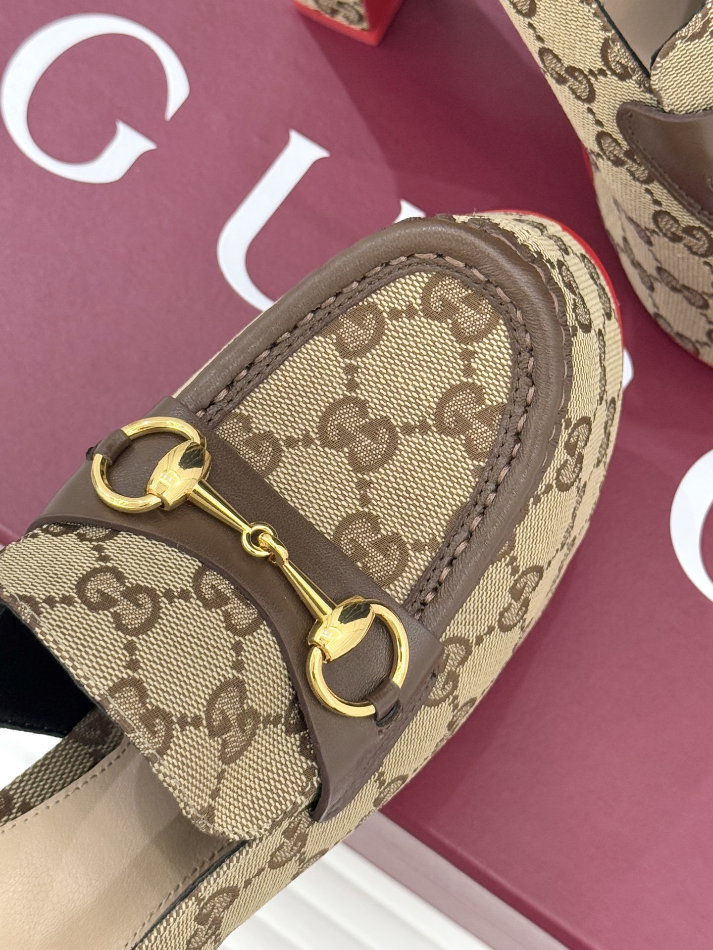 Gucci GG Supreme Horsebit Platform Slingback Pumps - Image 8