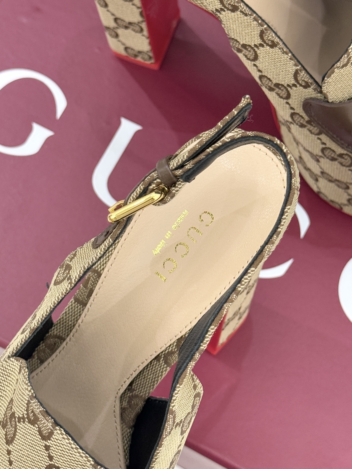 Gucci GG Supreme Horsebit Platform Slingback Pumps - Image 9