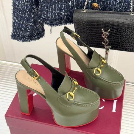 Gucci Olive Green Horsebit Platform Slingback Pumps