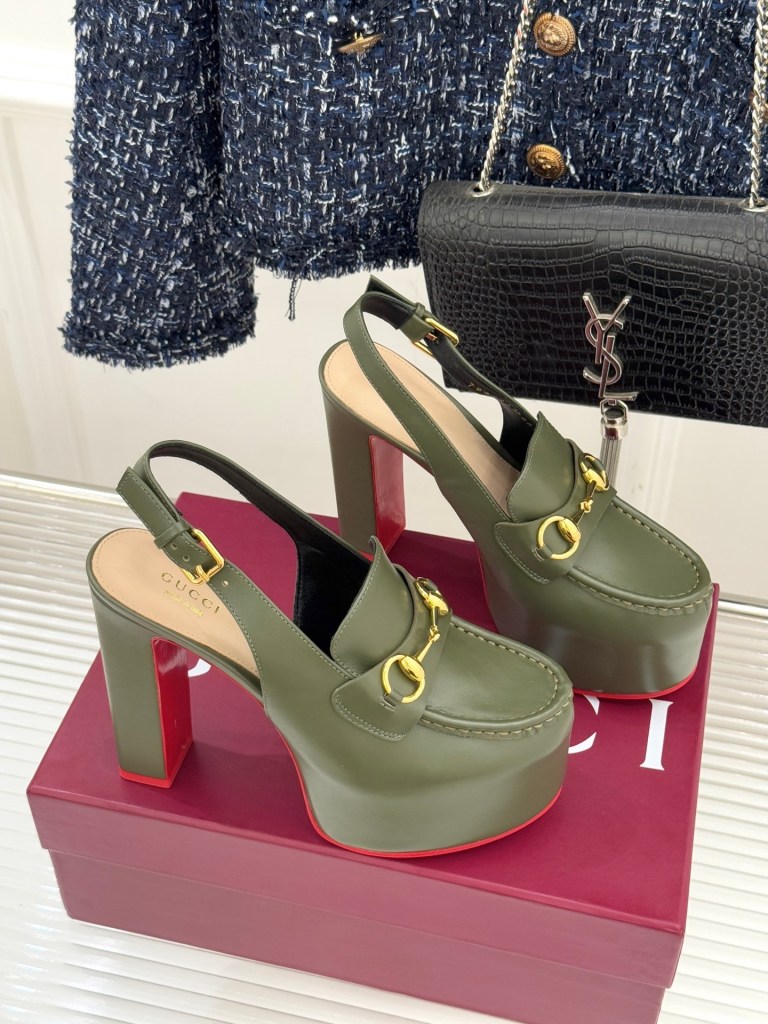 Gucci Olive Green Horsebit Platform Slingback Pumps
