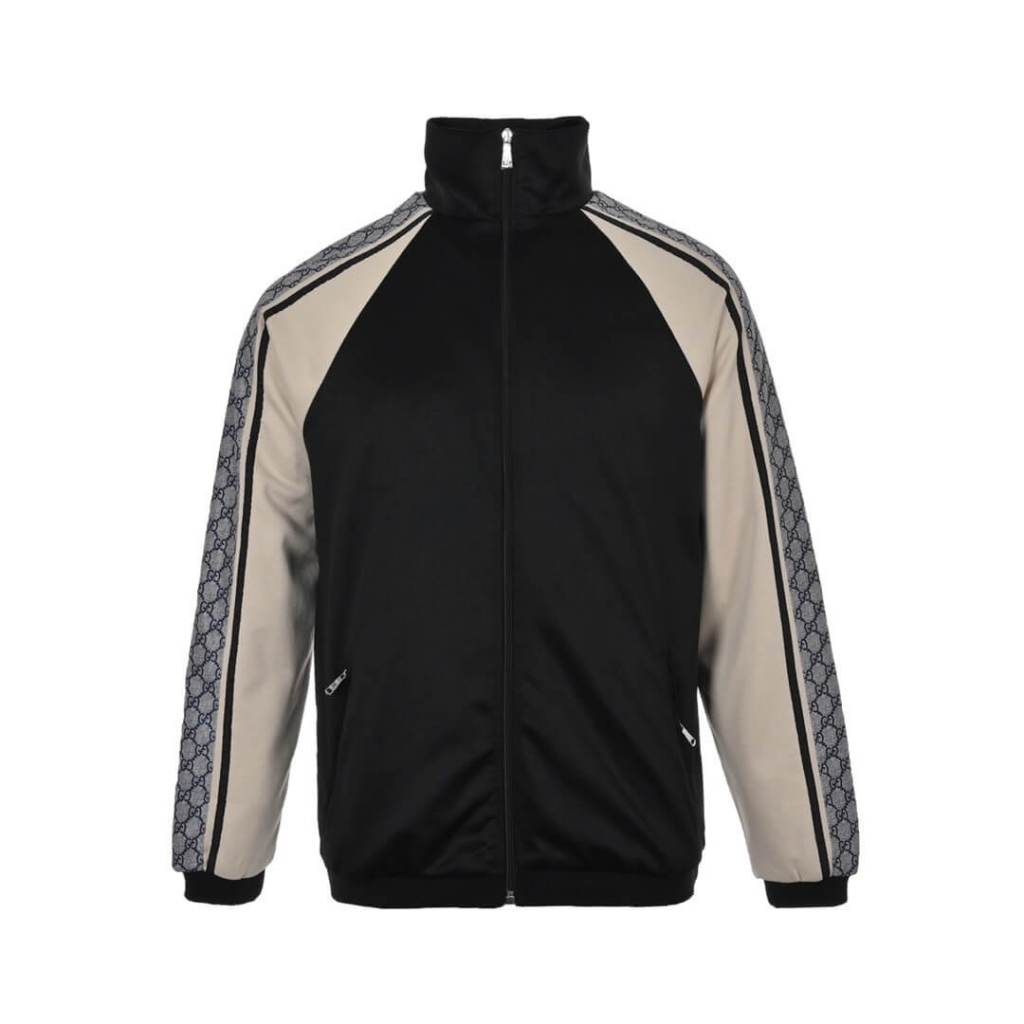 Gucci Men’s Black & Grey Monogram Panel Zip-Up Track Jacket with Contrast Raglan Sleeves