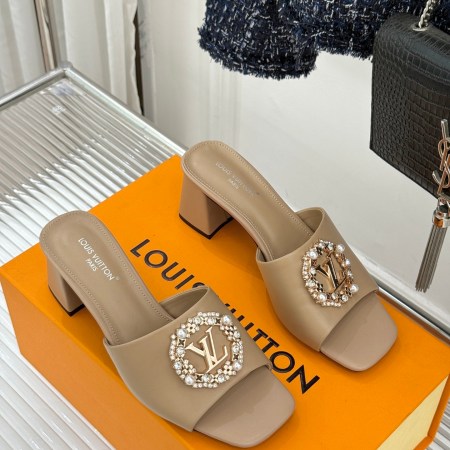Louis Vuitton Beige Leather Crystal Monogram Heeled Mules