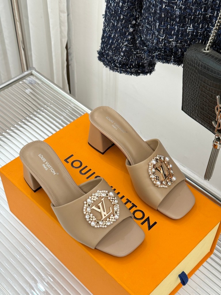 Louis Vuitton Beige Leather Crystal Monogram Heeled Mules