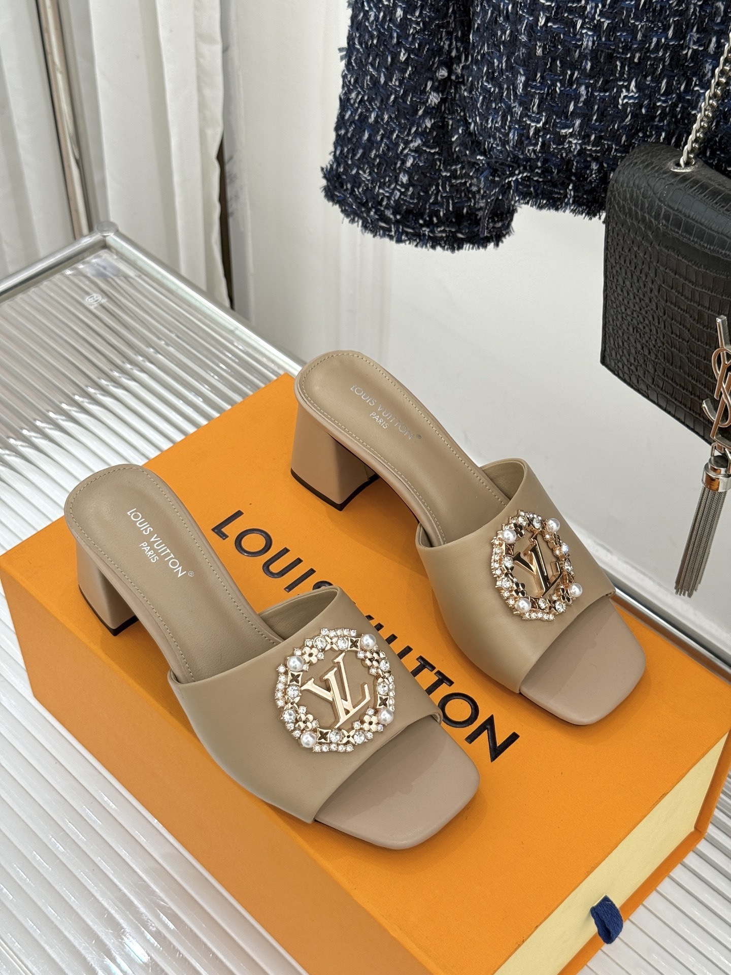 Louis Vuitton Beige Leather Crystal Monogram Heeled Mules