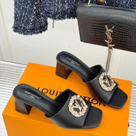 Louis Vuitton Black Leather Crystal Monogram Heel Mules