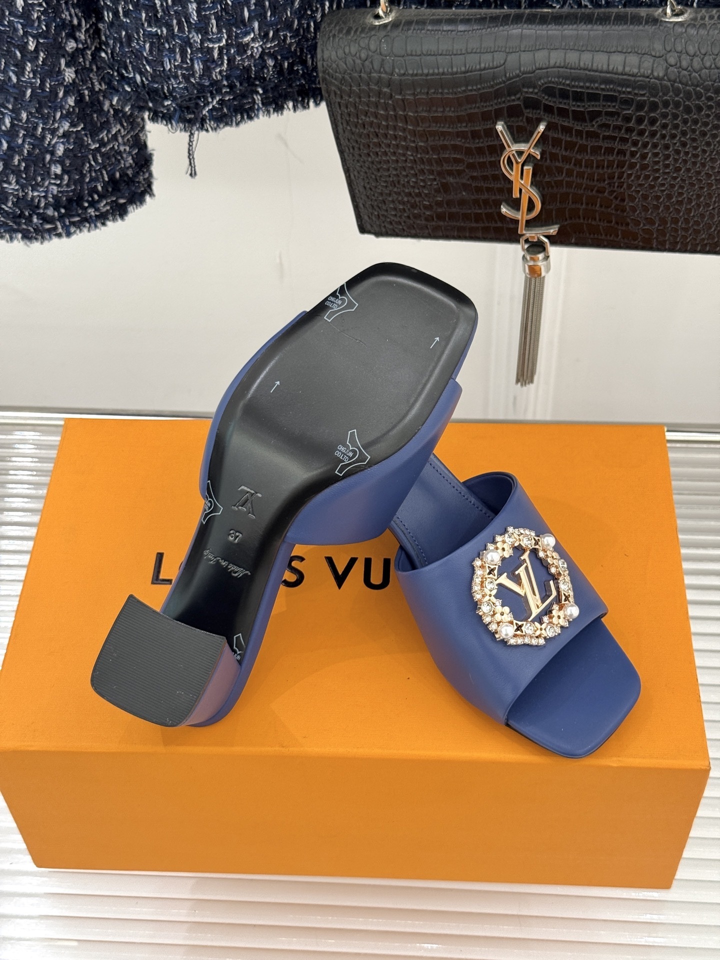 Louis Vuitton Blue Leather Crystal Logo Block-Heel Mules - Image 2