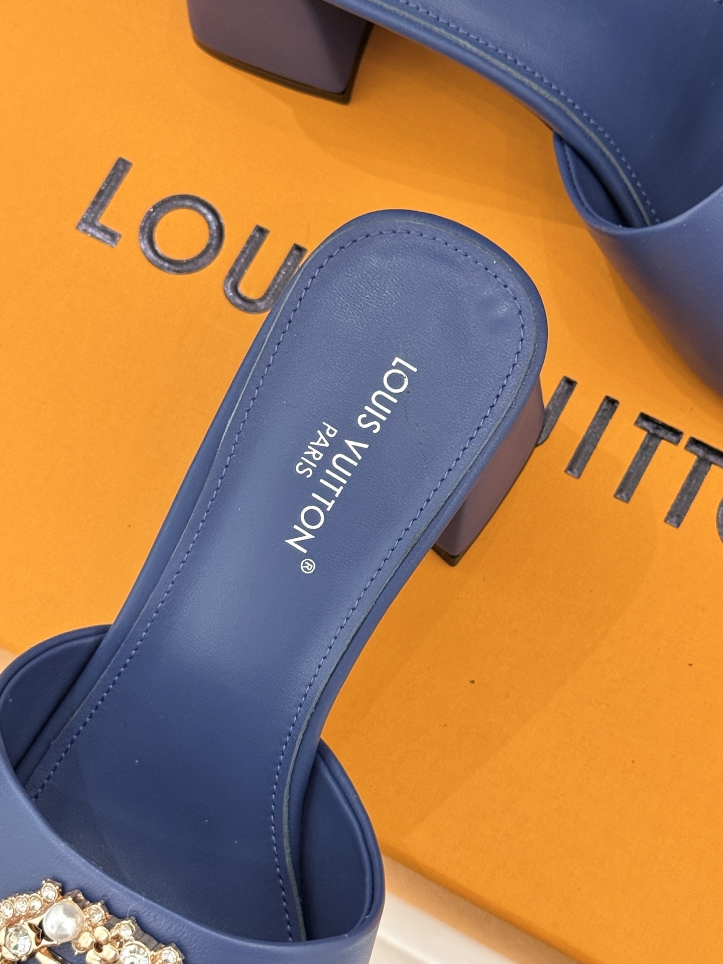 Louis Vuitton Blue Leather Crystal Logo Block-Heel Mules - Image 3