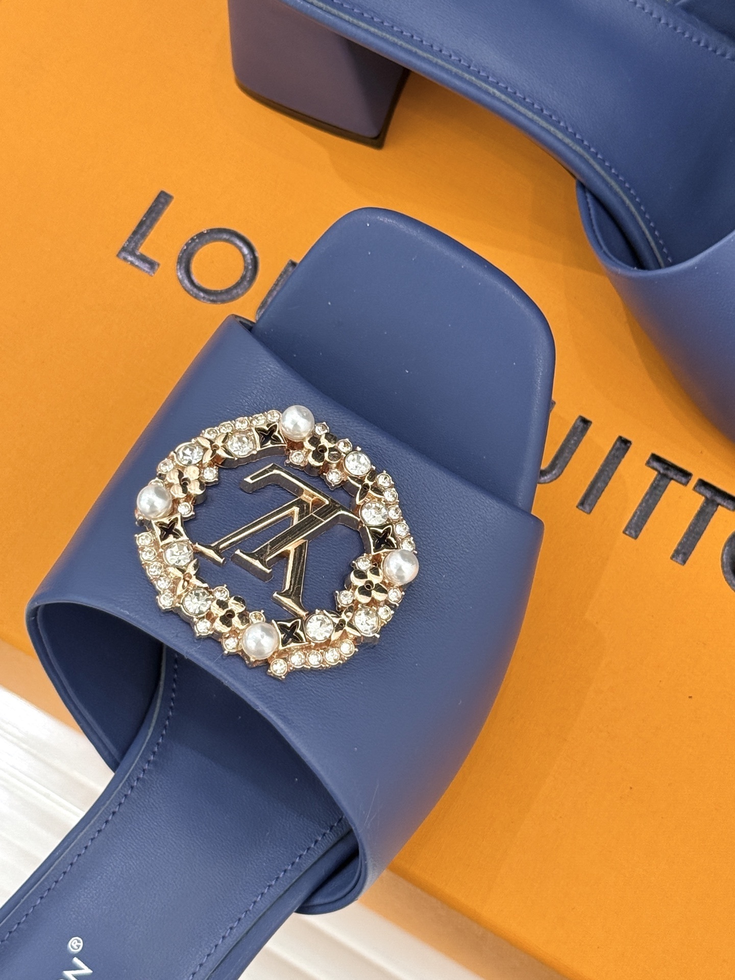 Louis Vuitton Blue Leather Crystal Logo Block-Heel Mules - Image 4