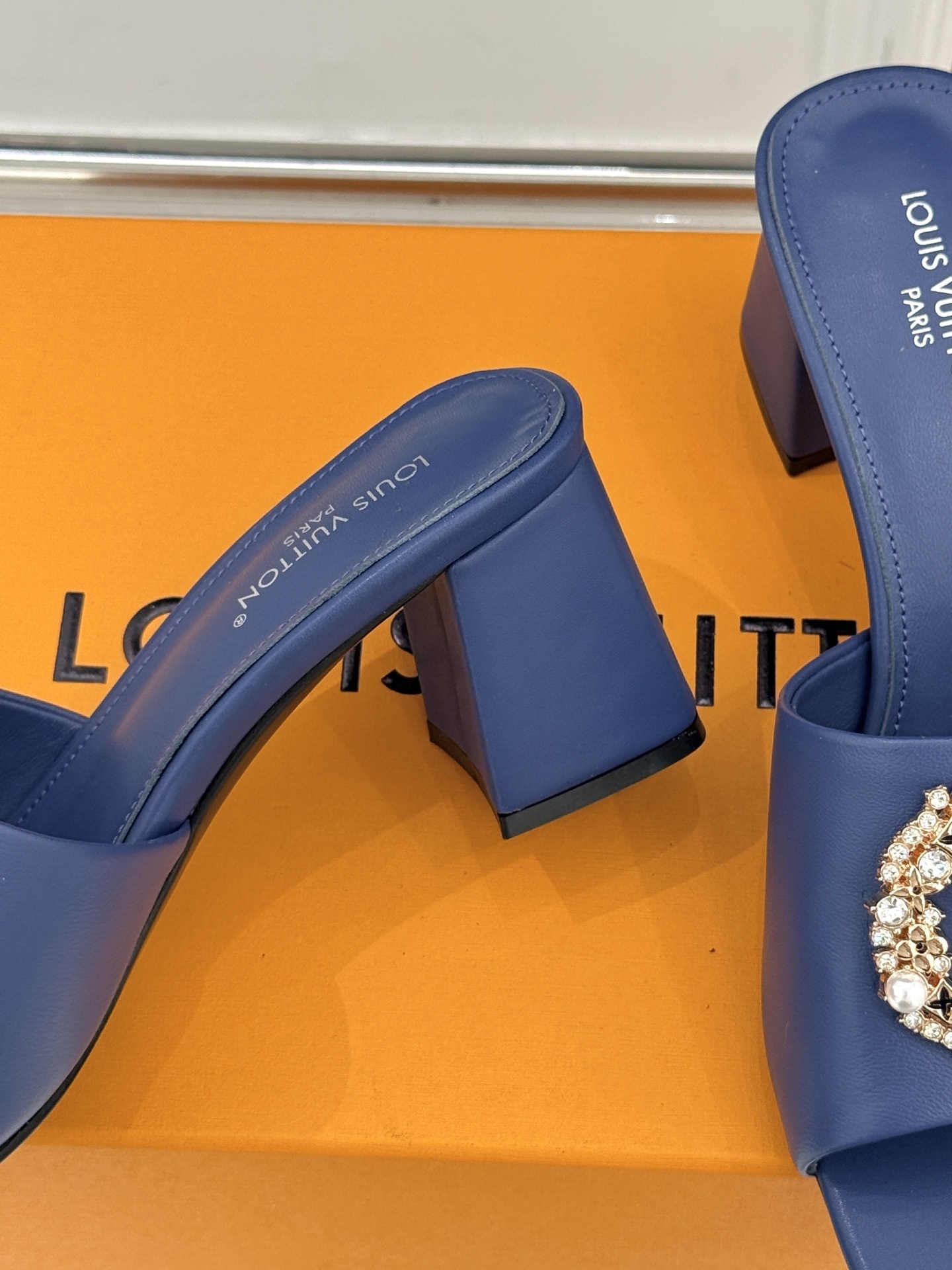 Louis Vuitton Blue Leather Crystal Logo Block-Heel Mules - Image 5