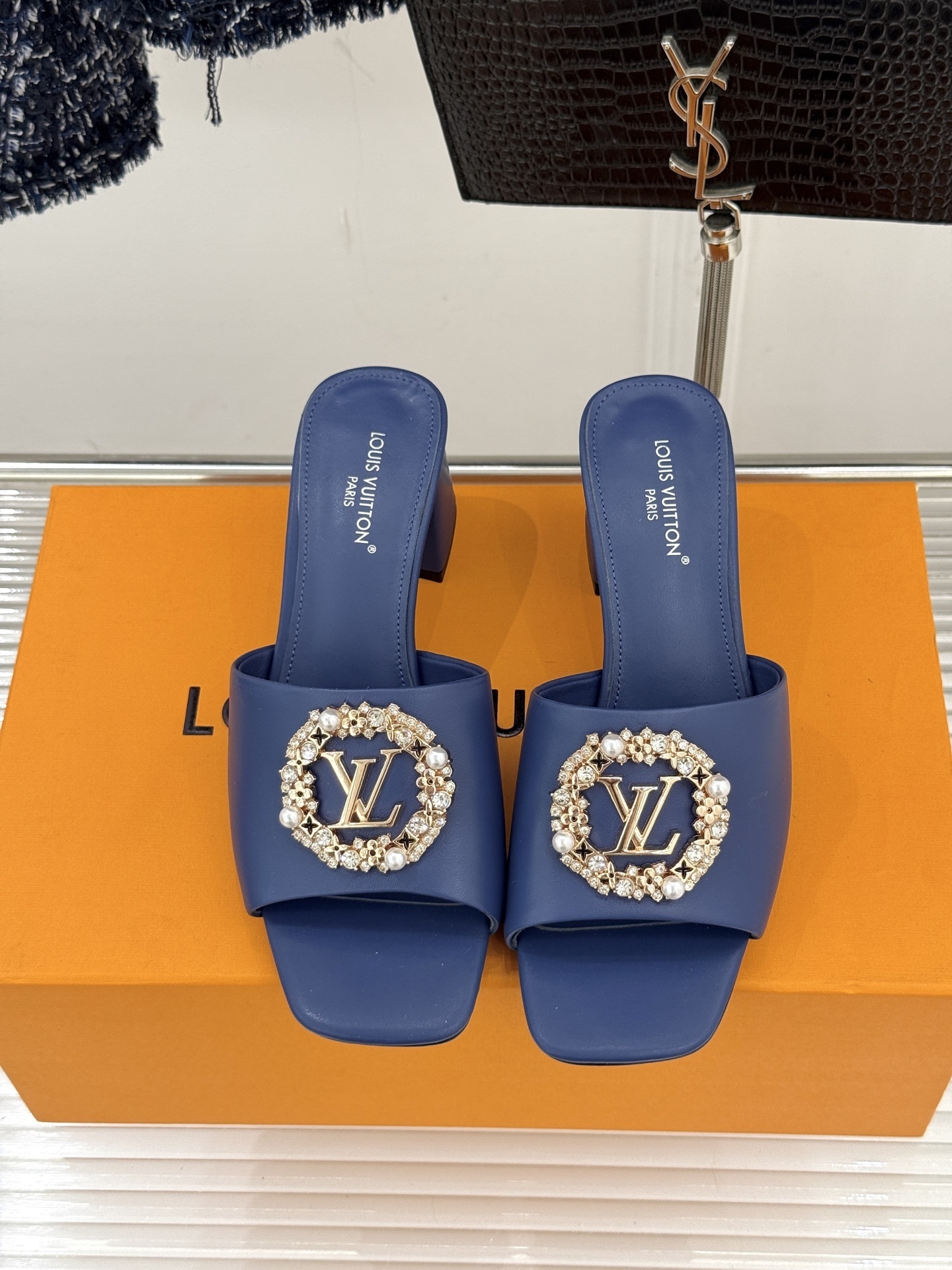Louis Vuitton Blue Leather Crystal Logo Block-Heel Mules - Image 7