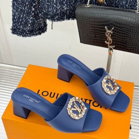 Louis Vuitton Blue Leather Crystal Logo Block-Heel Mules