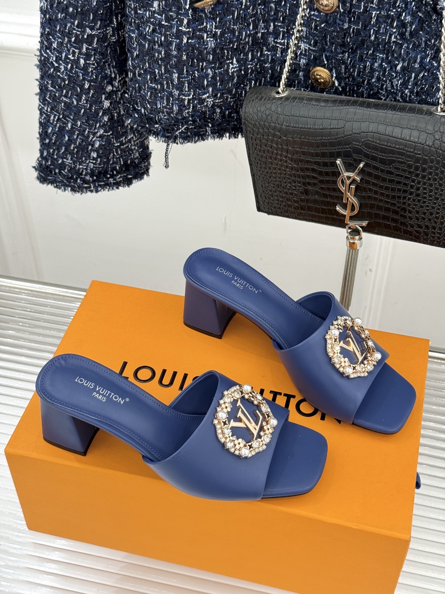 Louis Vuitton Blue Leather Crystal Logo Block-Heel Mules