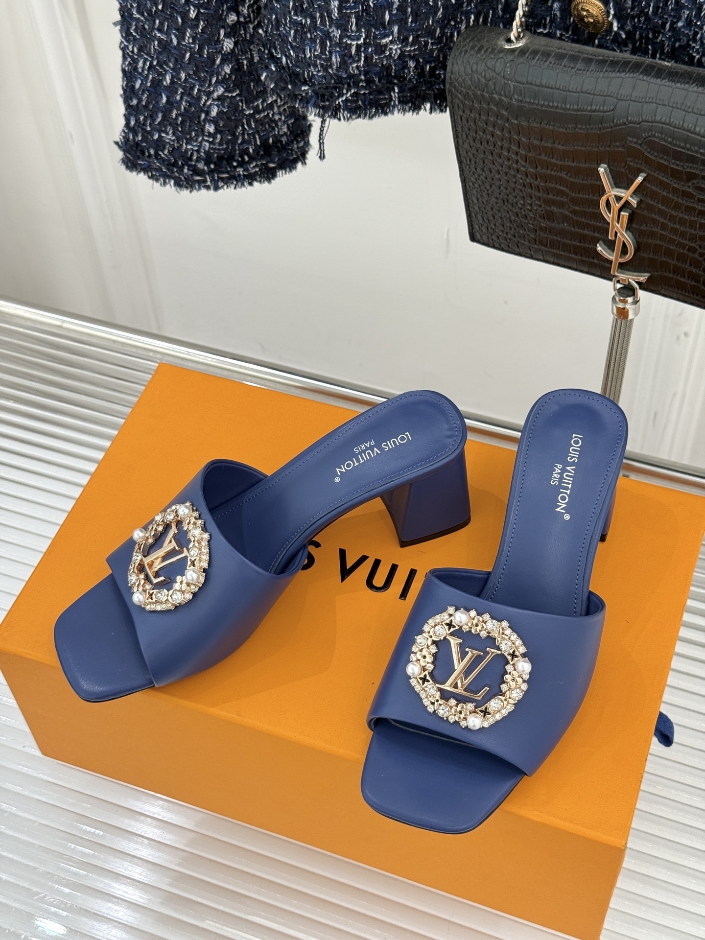 Louis Vuitton Blue Leather Crystal Logo Block-Heel Mules - Image 9