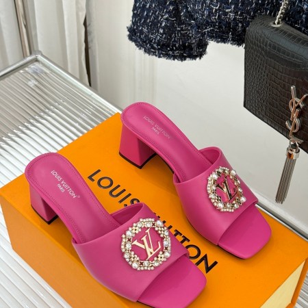 Louis Vuitton Pink Leather Crystal Logo Block-Heel Mule Slides
