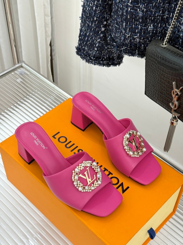 Louis Vuitton Pink Leather Crystal Logo Block-Heel Mule Slides