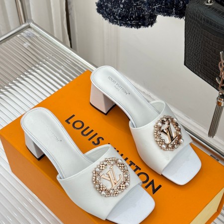 Louis Vuitton White Leather LV Crystal-Emblem Square-Heel Mules