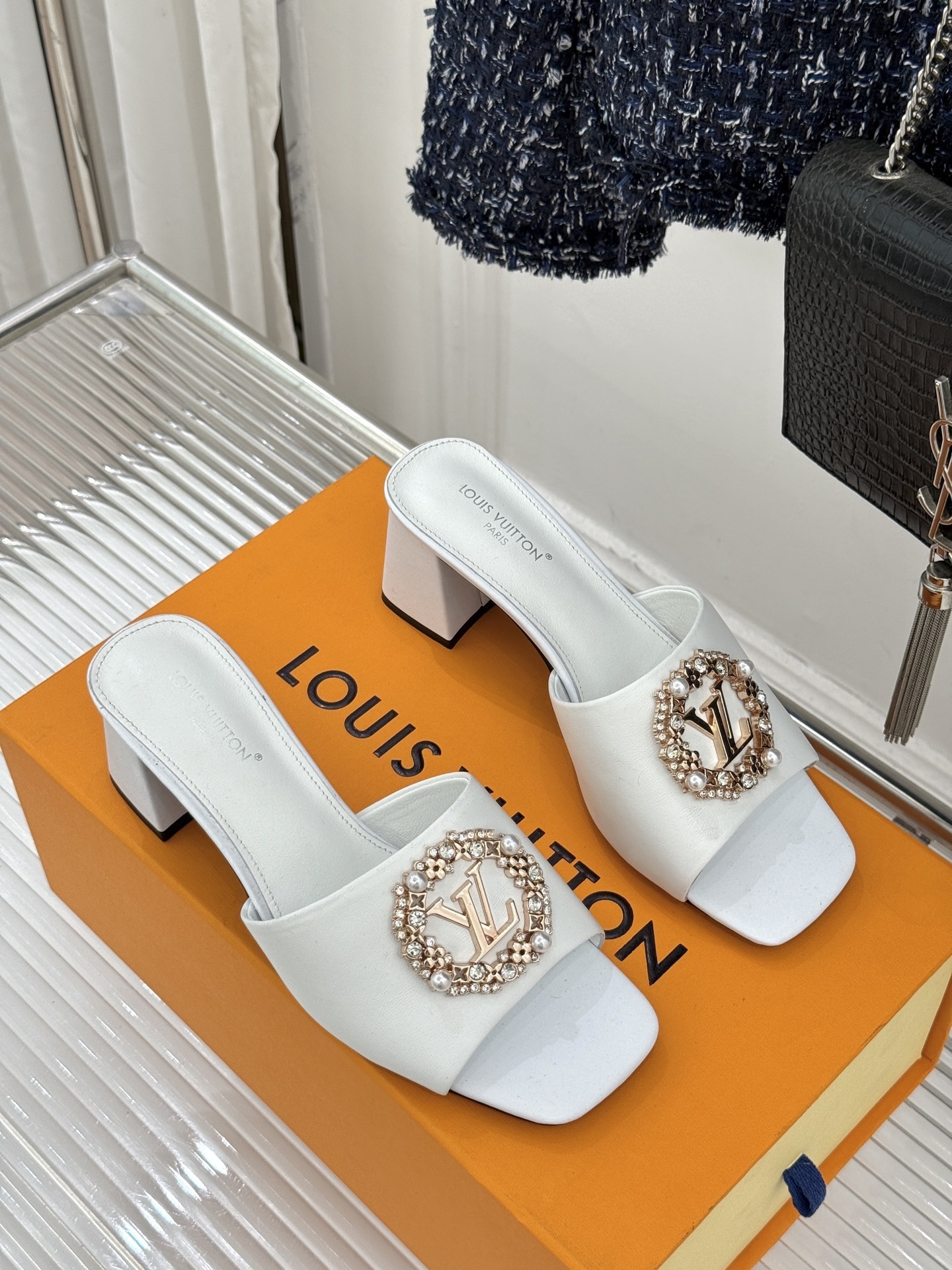 Louis Vuitton White Leather LV Crystal-Emblem Square-Heel Mules