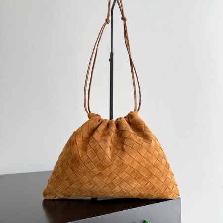 Bottega Veneta Small Intrecciato Suede Pouch Shoulder Bag – Caramel