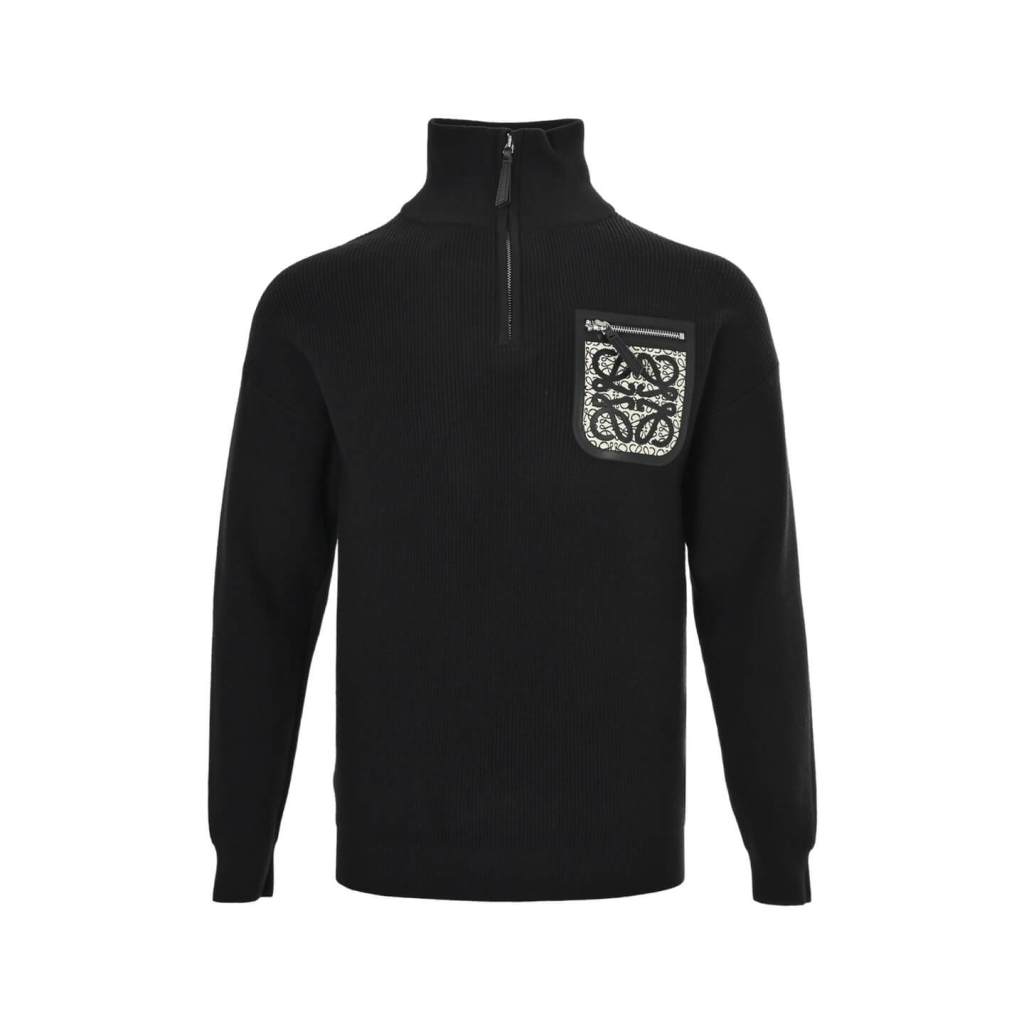 Loewe Men’s Ribbed Wool Anagram Patch Half-Zip Sweater – Black