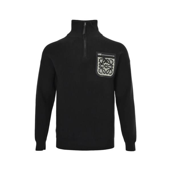 Loewe Men’s Ribbed Wool Anagram Patch Half-Zip Sweater – Black