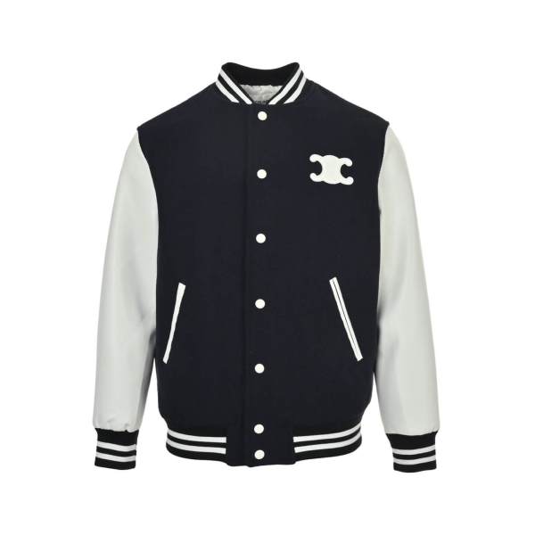 Celine Teddy Varsity Jacket in Wool and Leather with Triomphe Patch – Navy & White