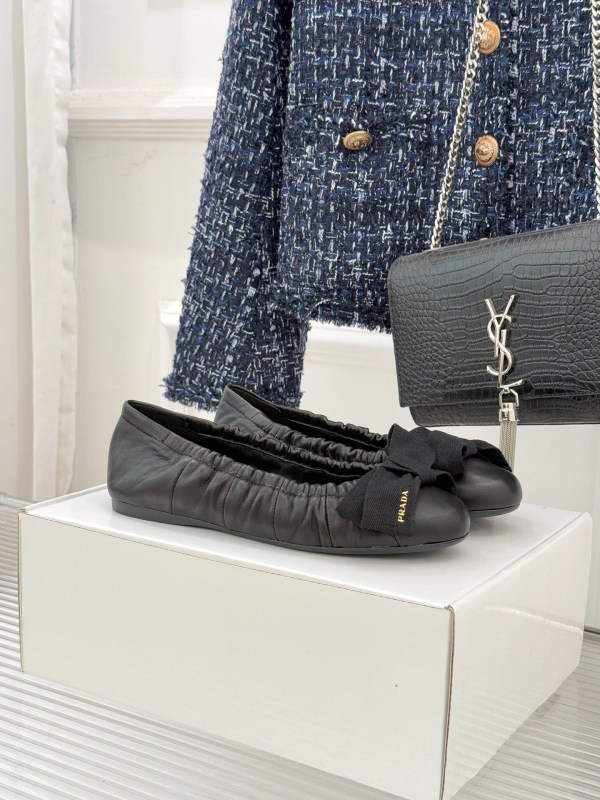 Prada Black Leather Bow Ballet Flats
