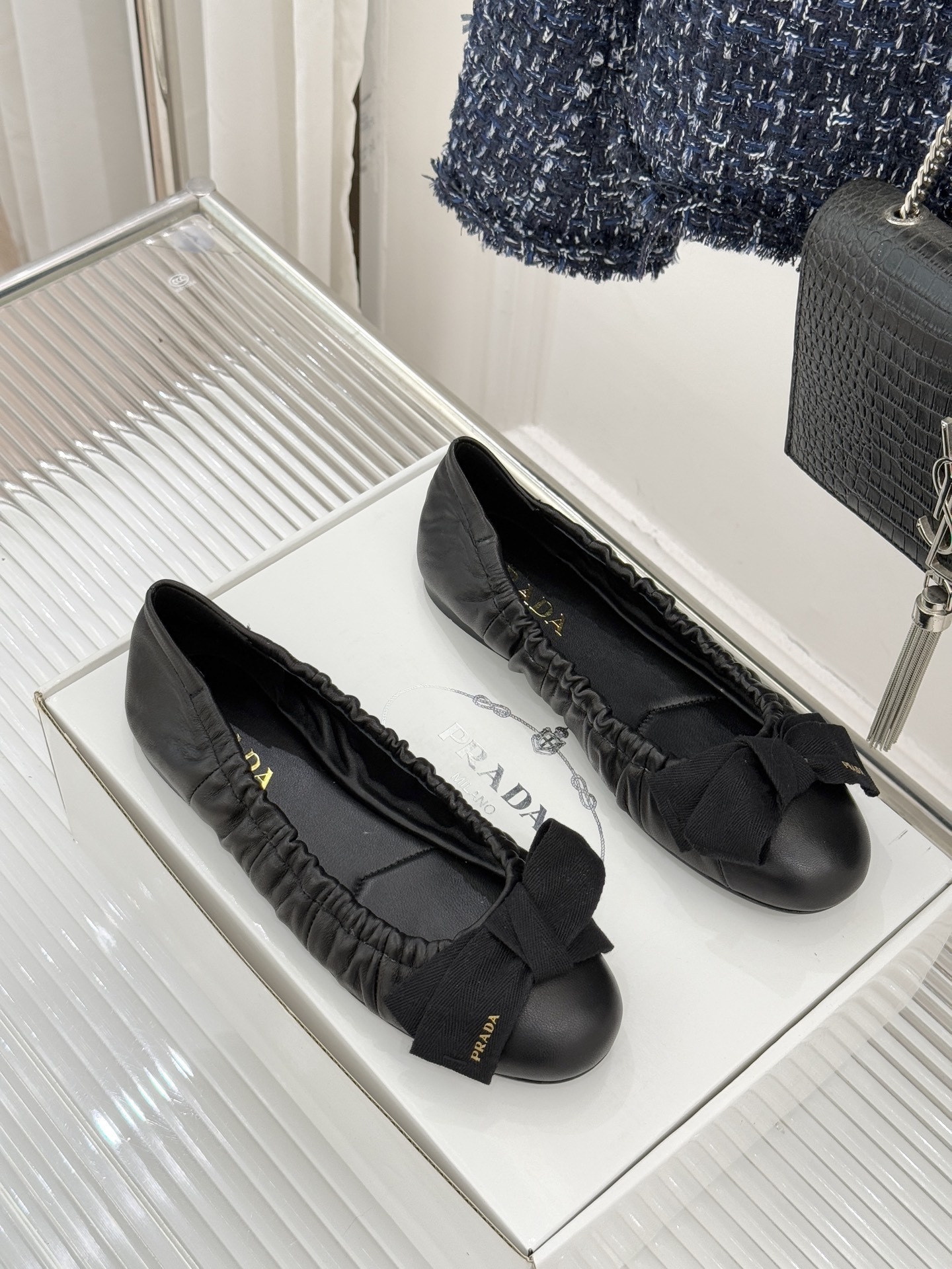 Prada Black Leather Bow Ballet Flats - Image 3