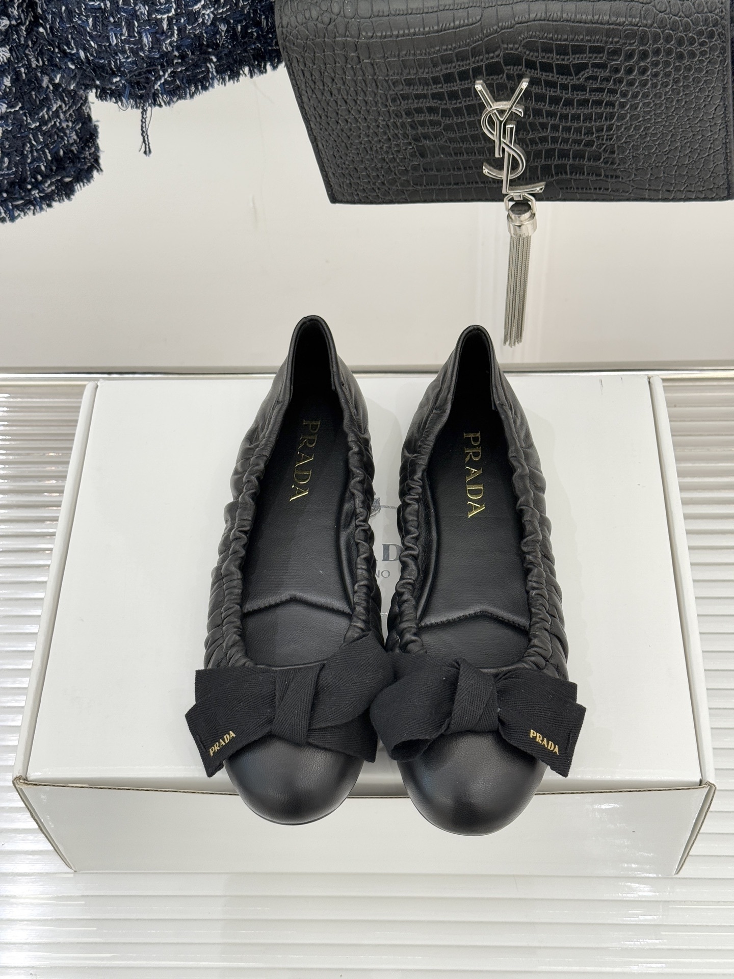 Prada Black Leather Bow Ballet Flats - Image 4
