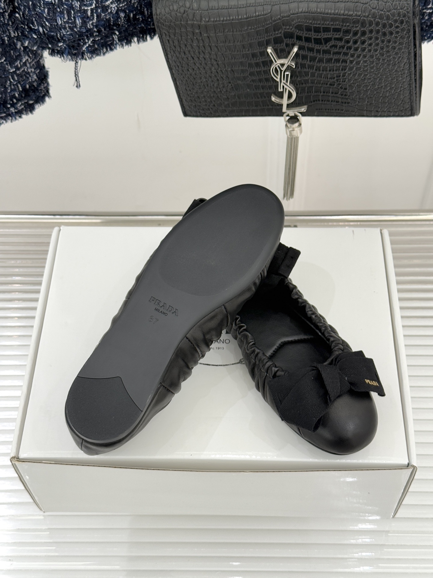 Prada Black Leather Bow Ballet Flats - Image 9