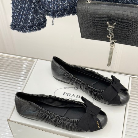 Prada Black Ruched Leather Bow Ballet Flats
