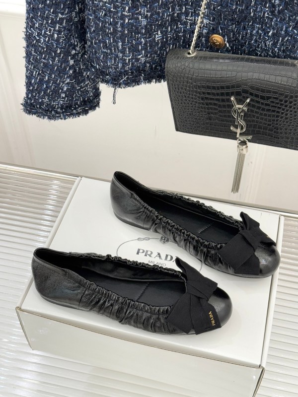 Prada Black Ruched Leather Bow Ballet Flats