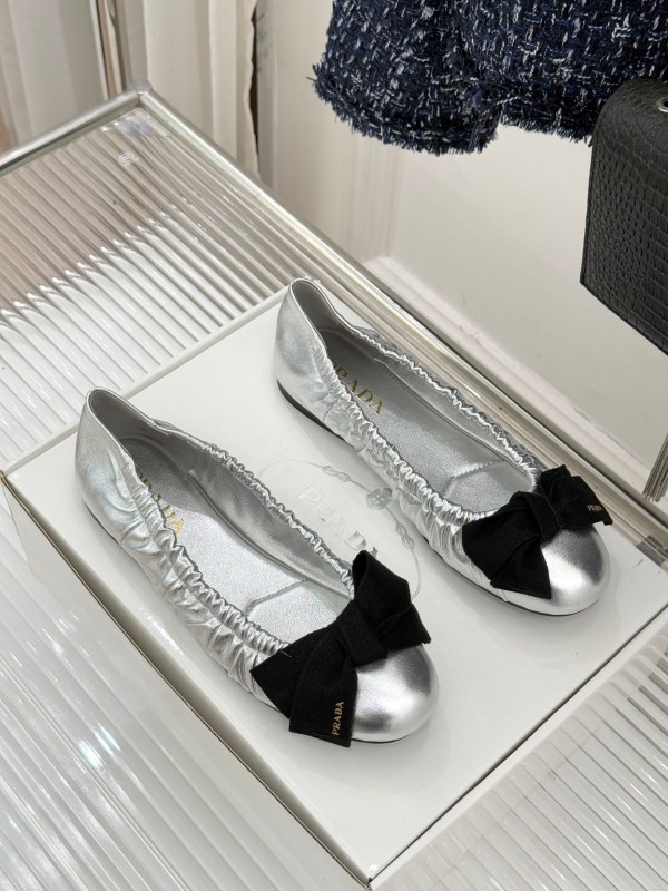 Prada Silver Metallic Leather Bow Ballet Flats